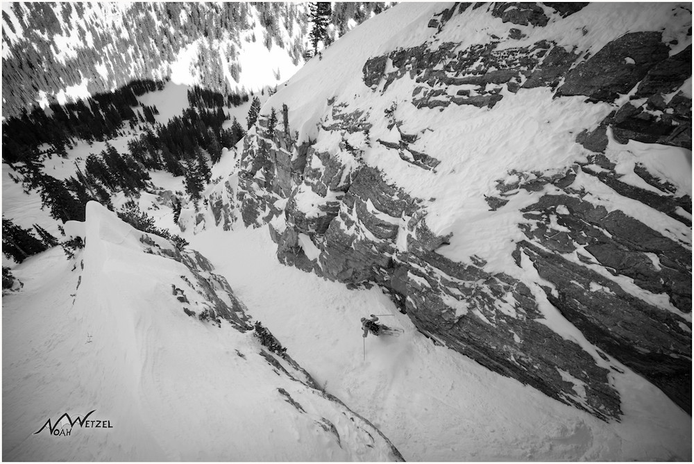 Lucy Sackbauer skiing a long tight chute off Fantasy Ridge at Solitude Mountain Resort, Utah